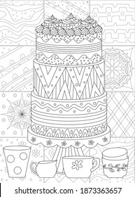 decorated delicious cake with cups against mosaic pattern with ethnic ornaments for your coloring book