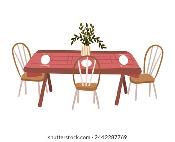 Decorated dinner table with empty plates and utensils. Elegant kitchen table with plant in a vase