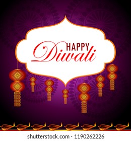 Decorated Diya on Happy Diwali night celebration holiday of India. Vector illustration