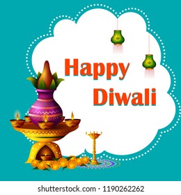 Decorated Diya on Happy Diwali night celebration holiday of India. Vector illustration