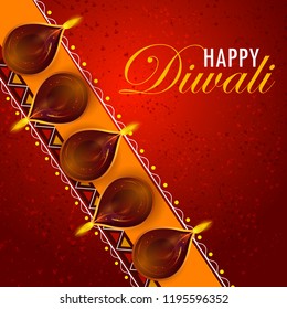 Decorated Diya on Happy Diwali night celebration holiday of India. Vector illustration