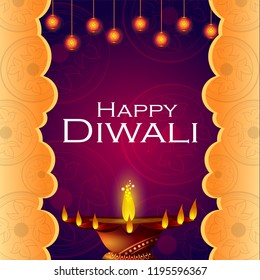 Decorated Diya on Happy Diwali night celebration holiday of India. Vector illustration