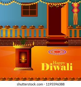 Decorated Diya on Happy Diwali night celebration holiday of India. Vector illustration