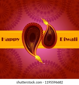 Decorated Diya on Happy Diwali night celebration holiday of India. Vector illustration