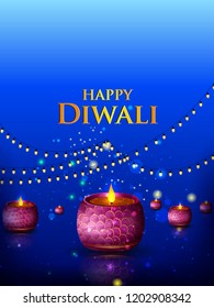 Decorated Diya on Happy Diwali night celebrating holiday of India. Vector illustration