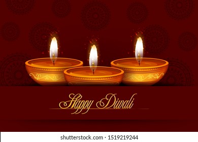 Decorated Diya on Happy Diwali night celebration holiday of India. Vector illustration