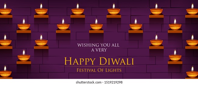 Decorated Diya on Happy Diwali night celebration holiday of India. Vector illustration