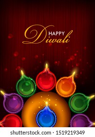Decorated Diya on Happy Diwali night celebration holiday of India. Vector illustration