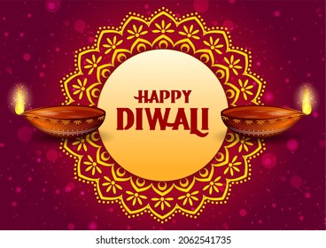 Decorated Diya on Happy Diwali night celebration holiday of India. Vector illustration