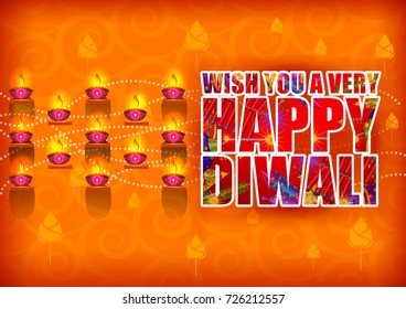 Decorated Diya on Happy Diwali night celebrating holiday of India. Vector illustration