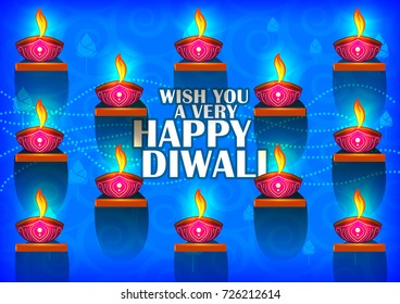 Decorated Diya on Happy Diwali night celebrating holiday of India. Vector illustration