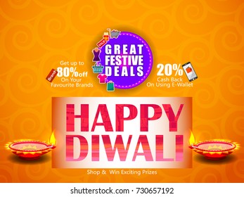 Decorated Diya on Happy Diwali night celebrating holiday of India with festive deal background. Vector illustration