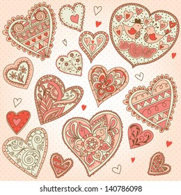 Decorated doodled hearts.