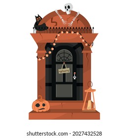 Decorated door for the Halloween holiday. Pumpkins, fireflies, skeleton, spider web, bats. Welcome to fear. Vector illustration for the feast of All Saints. Orange colors. Architecture.