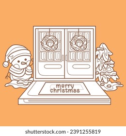 Decorated Door Snowman Christmas Cartoon Digital Stamp Outline