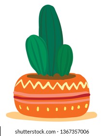 Decorated earthen pot with cactus vector or color illustration