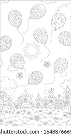 Decorated Easter balloons flying in the sky above a small toy town on a sunny spring day, black and white vector cartoon illustration for a coloring book page