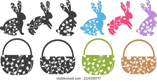 Decorated easter Bunnies, flowers, butterflies and basket. Folk style silhouette design for Easter cards, banners and etc
