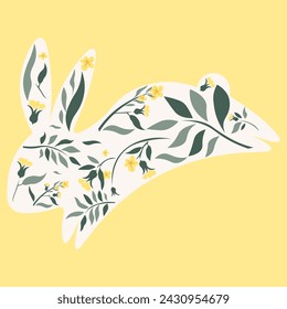 Decorated Easter Bunny, rabbit with leaves and flowers pattern, vector illustration.
