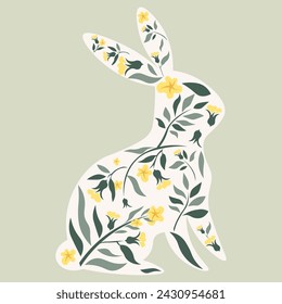 Decorated Easter Bunny, rabbit with leaves and flowers pattern, vector illustration.