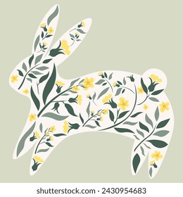 Decorated Easter Bunny, rabbit with leaves and flowers pattern, vector illustration.