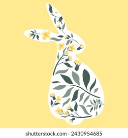 Decorated Easter Bunny, rabbit with leaves and flowers pattern, vector illustration.