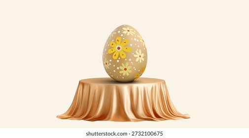 Decorated Easter Egg with Floral Folk Pattern on Draped Pedestal, Minimal Pastel Background, 3D Render, Spring Holiday Concept, Elegant Festive Still Life
