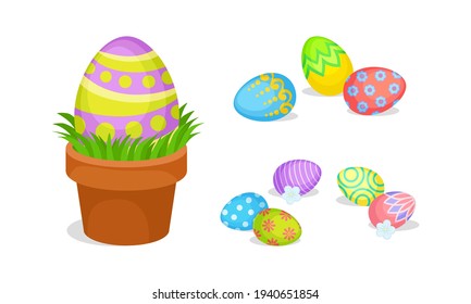 Decorated Easter Egg in Flowerpot and Scattering Around as Holiday Symbols Vector Set