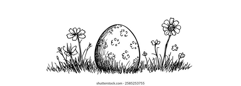 decorated easter egg in grass with flowers vector doodle black sketch illustration