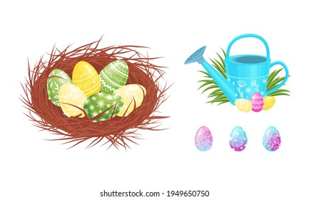 Decorated Easter Egg Rested in Nest and Near Watering Can in the Garden as Holiday Symbols Vector Set