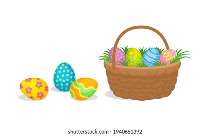 Decorated Easter Egg in Wicker Basket and Scattering Around as Holiday Symbols Vector Set