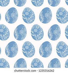 Decorated Easter Eggs All Over Print Vector. Retro Blue Flower Egg Seamless Repeating Pattern in Ethnic Folk Art Style on White Background. Hand Painted Drawn for Spring Stationery, Holiday Packaging.