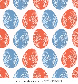 Decorated Easter Eggs All Over Print Vector. Colorful Flower Egg Seamless Repeating Pattern in Ethnic Folk Art Style on White Background. Hand Painted Drawn for Spring Stationery, Holiday Packaging.