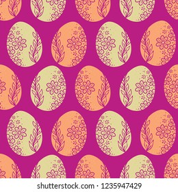 Decorated Easter Eggs All Over Print Vector. Colorful Flower Egg Seamless Repeating Pattern in Ethnic Folk Art Style on Purple Background. Hand Painted Drawn for Spring Stationery, Holiday Packaging