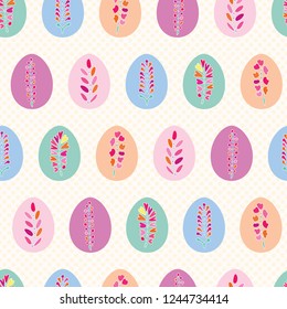 Decorated Easter Eggs All Over Print Vector. Pastel Color Flower Egg Seamless Repeating Pattern in Folk Art Style on Off White Background. Hand Painted Drawn for Spring Stationery, Holiday Packaging.