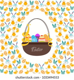 Decorated easter eggs basket with surrounding border of seamless cute bunnies, eggs and yellow chicks