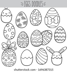 Decorated Easter Eggs, Black Outline doodles, Bunny and chick in egg shell, Polka dot and striped, flowers and bows decor