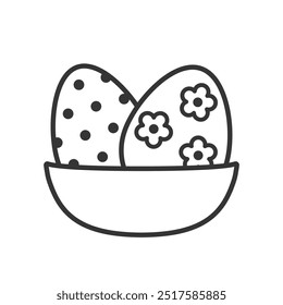 Decorated Easter eggs in a bowl thin line icon. Festive treat eggs decorated with dots and flowers. Religious Christian symbol pictogram with editable stroke. For web, mobile, decoration, logo idea