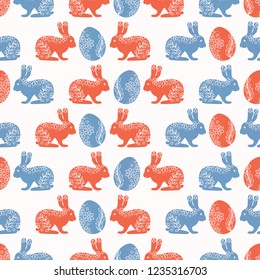 Decorated Easter Eggs and Bunnies All Over Vector. Flower and Egg Rabbit Seamless Repeating Pattern in Ethnic Folk Art Style on White Background. Drawn for Springtime Stationery, Holiday Packaging.