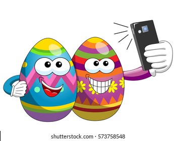 Decorated easter eggs cartoon taking selfie with smartphone isolated