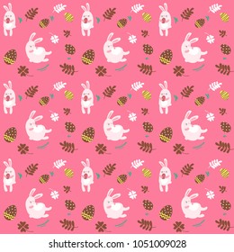 Decorated Easter eggs and cute bunnies illustration seamless pattern in pink background