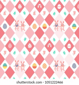Decorated Easter eggs and cute bunnies on white and pink seamless pattern background