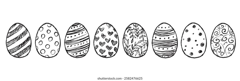 Decorated Easter eggs drawing in black brush stroke texture isolated on white background. Hand drawn vector sketch illustration in vintage charcoal ink. Easter decoration, holiday symbol