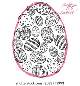 Decorated Easter eggs drawing in black brush stroke texture isolated on white background. Hand drawn vector sketch illustration in vintage charcoal ink. Easter decoration, Happy Easter greeting card