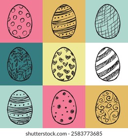 Decorated Easter eggs drawing in black brush stroke texture isolated on white background. Hand drawn vector sketch illustration in vintage charcoal ink. Easter decoration, holiday symbol