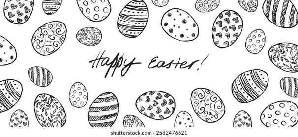 Decorated Easter eggs frame drawing in black brush stroke texture isolated on white background. Hand drawn vector sketch illustration in vintage charcoal ink. Easter decoration, holiday symbol