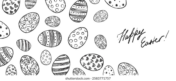 Decorated Easter eggs frame drawing in black brush stroke texture isolated on white background. Hand drawn vector sketch illustration in vintage charcoal ink. Easter decoration, holiday symbol