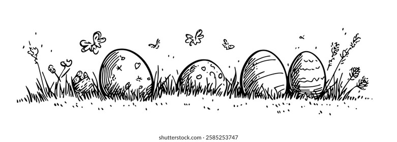 decorated easter eggs in grass with butterflies vector doodle black sketch illustration