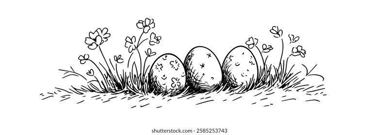 decorated easter eggs in grass with flowers vector doodle black sketch illustration