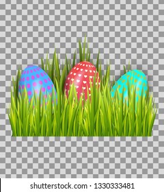 Decorated Easter eggs in green grass isolated on transparent background. Holiday decoration elements for greeting card, banner, poster, flyer template. Vector illustration
